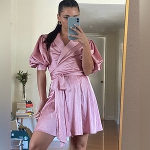 Pink wrap satin puff sleeve dress